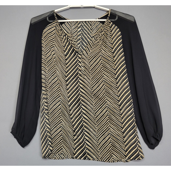 Windsor Blouse Womens Medium Chevron Stripe Sheer Sleeve Boho Top Shirt - Picture 1 of 9
